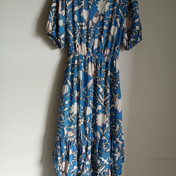 Women’s Knox Rose Blue Floral Puff Sleeve Layered Ruffle Hem Wrap Maxi Dress NWT - Picture 10 of 14